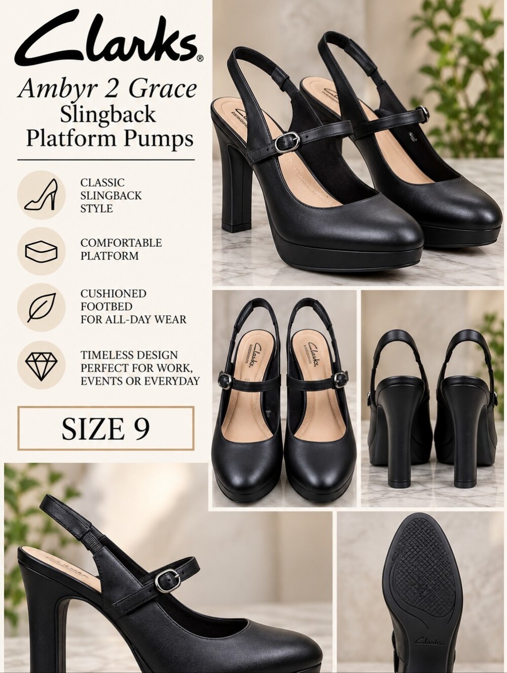 Clarks Ambyr2 Grace Black Slingback Platform Pumps NWOB